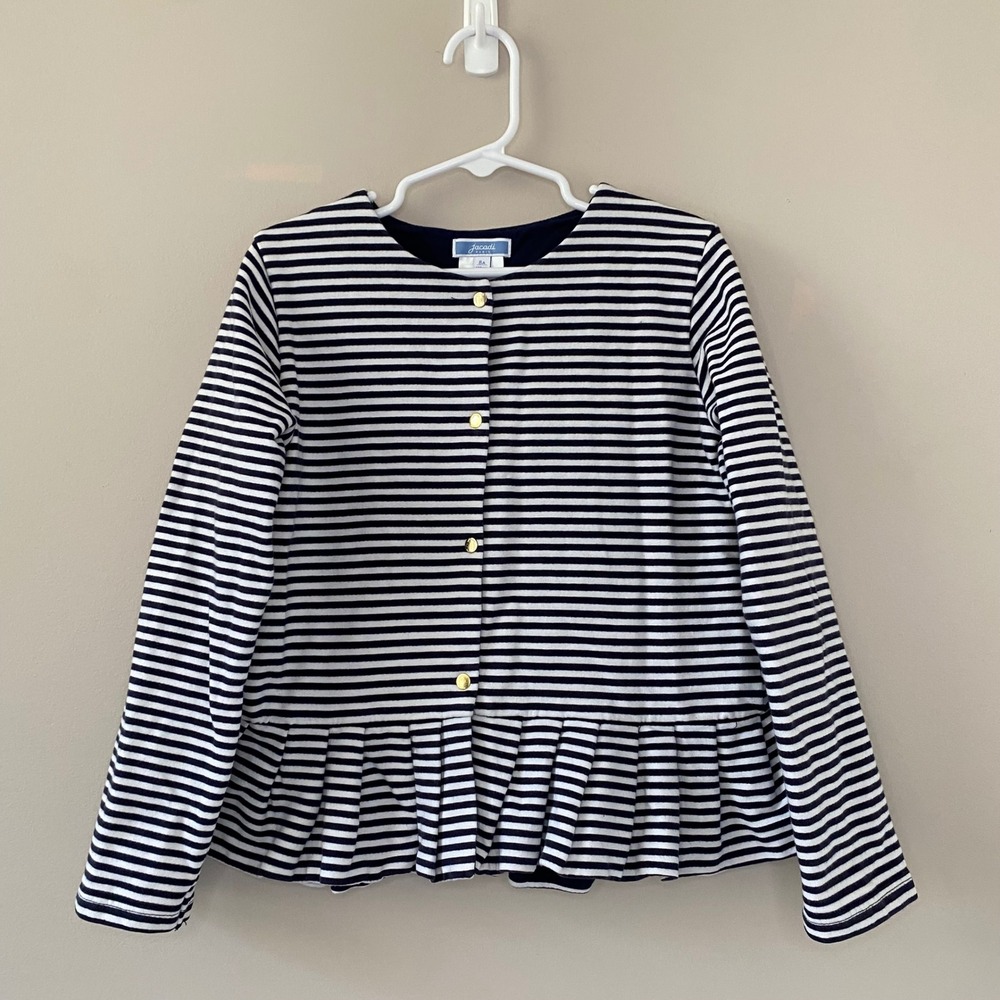 Jacadi Paris Girls Navy White Striped Peplum Cardigan Jacket Gold Buttons 8A 128